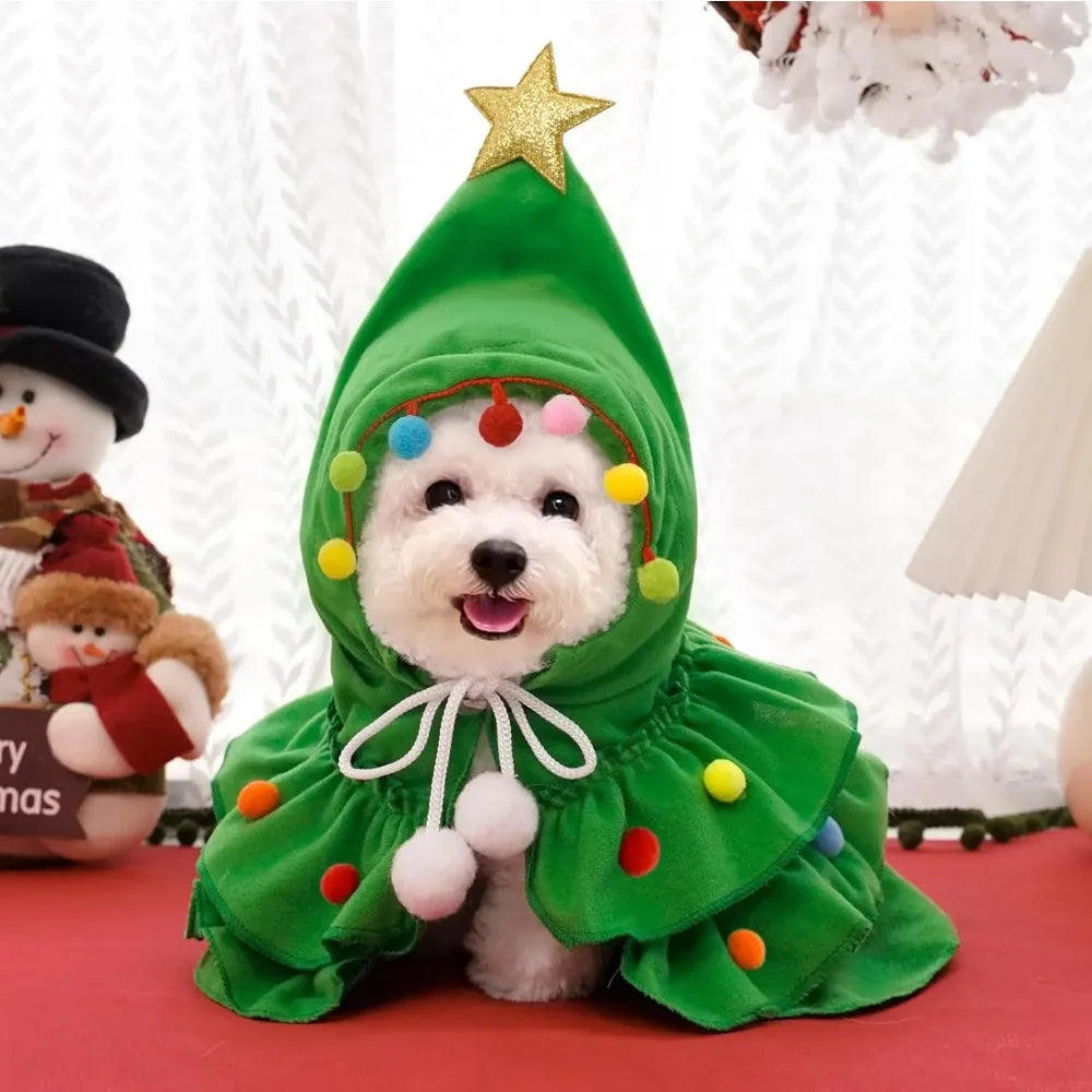 Cat Christmas Outfit Green Pet Cloak with Hat Star Pompoms Puppy Cape Clothes Tree Elf Costumes Party Pet Supplies Accessories - Play Paws Toys