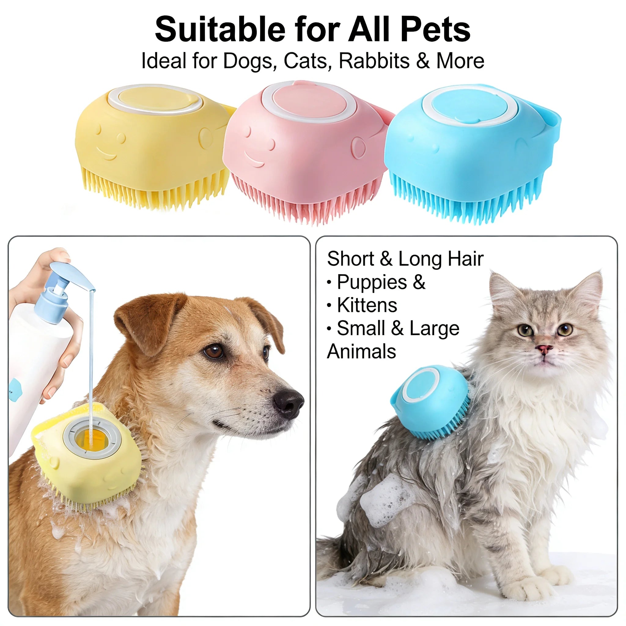 Pet Bath & Massage Brush 2-in-1 Silicone Dog Cat Grooming Tool with Shampoo Dispenser for Bathing Washing Sensitive Skin Puppies and Kittens