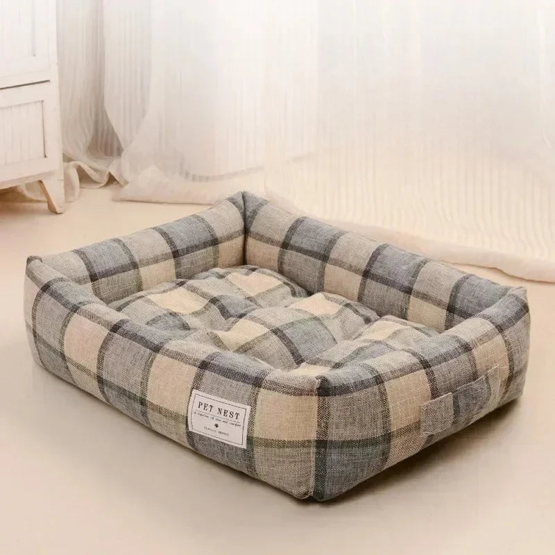 Plaid Printing Soft Removable&Washable Dog Bed Fabric Skin-Friendly Cotton&Linen Breathable Pet Sofa Square Cat Litte Dog Bed