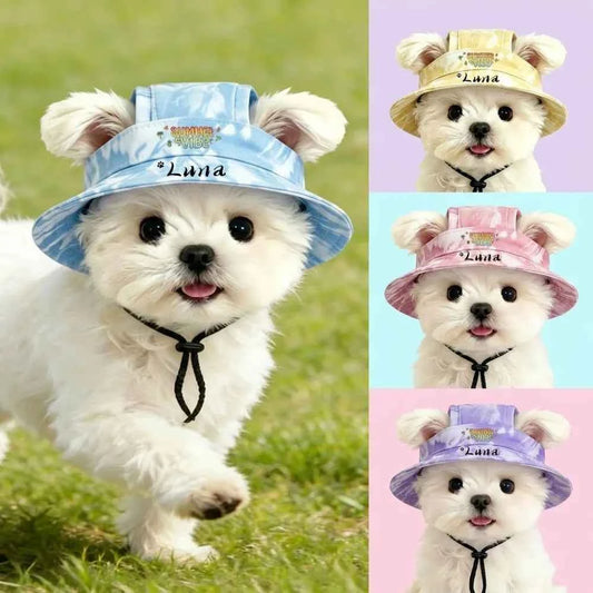 Customizable Pet Sun Hats with Name, Ear-exposed Sun Protection Hats for Dogs in Summer, Cute Bucket Hats for Small Dogs and Cats. Available in 4 colors, ideal pet accessories for outdoor photography.
