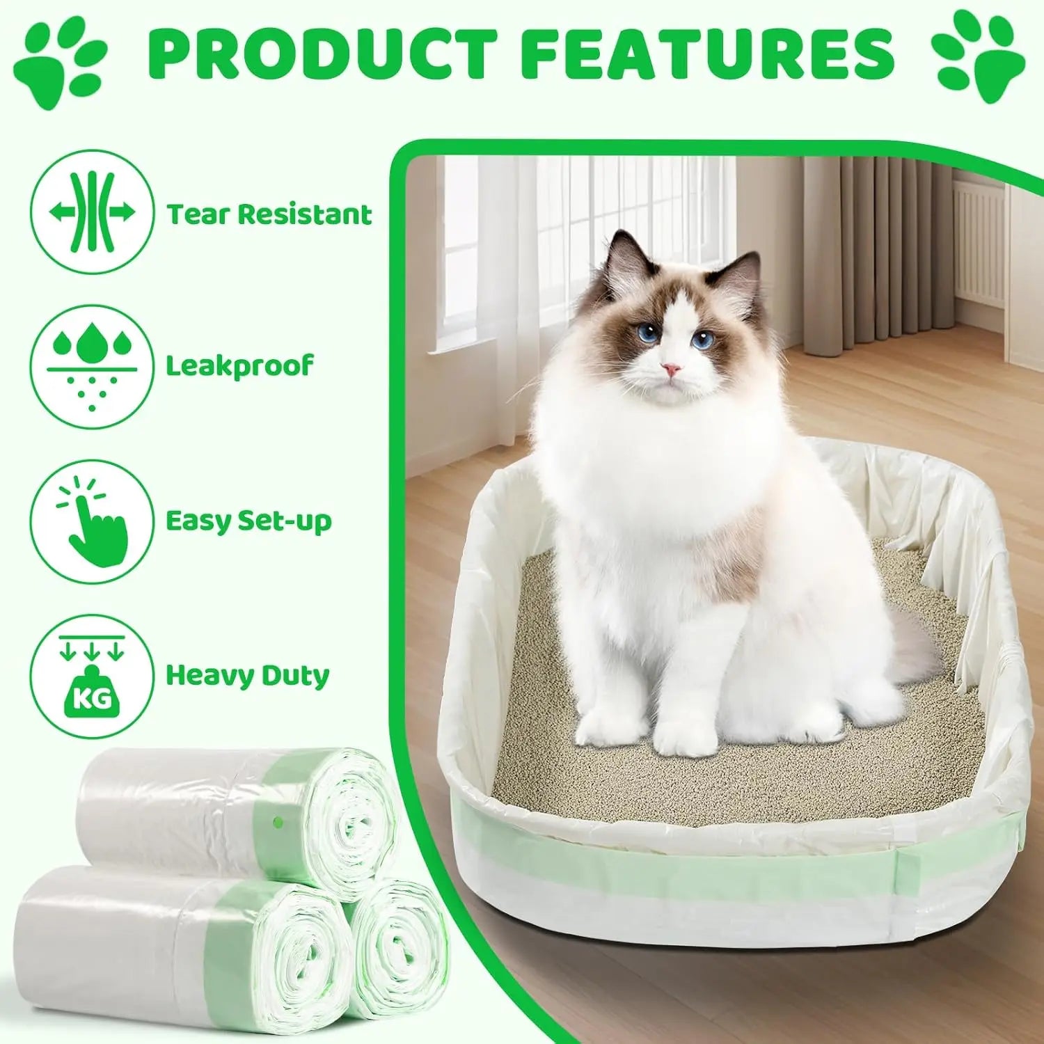 1/2/5 Rolls Heavy Duty Litter Pan Poop Bags with Drawstring Extra Thick Jumbo Cat Litter Box Liner Bags 37x18 inch