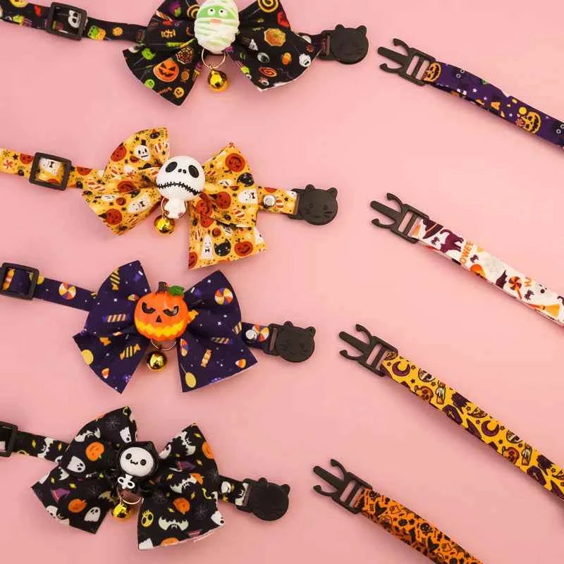 Cat Collar Halloween Bowtie Collar Small Cat Dog Safety Buckle Adjustable Necklace Decoration Style Pumpkin Cartoon Pet Collar