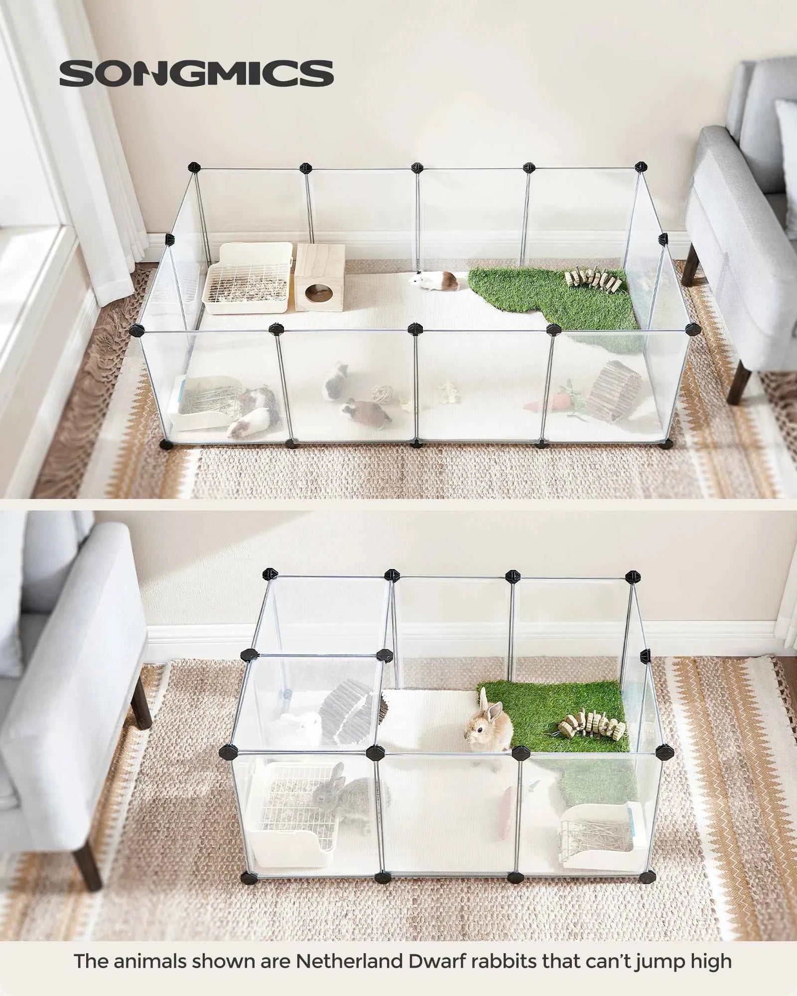 SONGMICS Pet Playpen with Floor, Small Animal Pen, Pet Fence Indoor, DIY Plastic Enclosure for Hamsters, Rabbits, Hedgehogs, Fer
