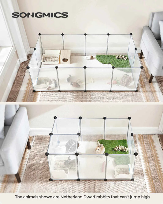 SONGMICS Pet Playpen with Floor, Small Animal Pen, Pet Fence Indoor, DIY Plastic Enclosure for Hamsters, Rabbits, Hedgehogs, Fer