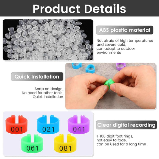 100pcs Chicken Leg Ring Colorful Plastic Band Foot Ring Bird Identification Numbered Poultry Leg Tags Buckle for Duck Goose