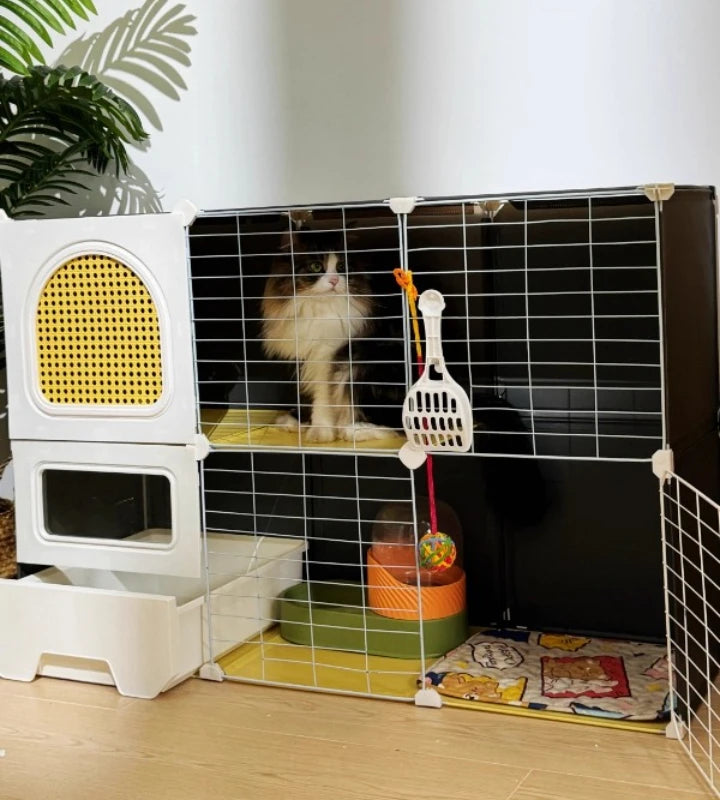 Large Cat Cages with Bed & Litter Box Indoor Multi-Level Cat House Spacious 3-in-1 Pet Villa Roomy Playpen with Resting Area - Play Paws Toys