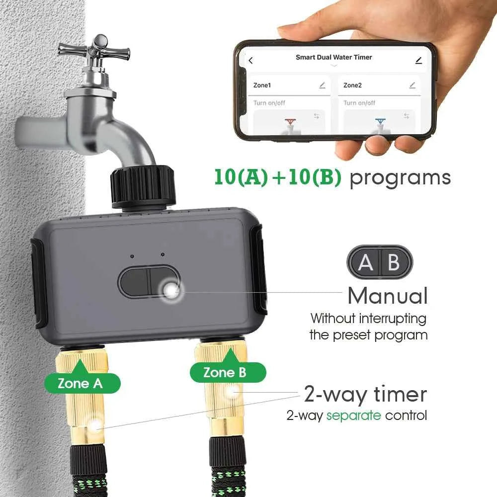 Dual Zone Independent Smart Bluetooth Wifi Irrigation Timer Mist Cooling Kit APP Customized Watering Program Quick Connection