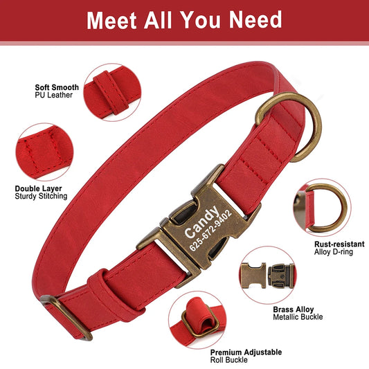 Personalized Anti-lost Dog Collar Custom Dog ID Tag Collars Soft PU Leather Pet Collars Free Engraved Metal Buckle For Bulldog - Play Paws Toys