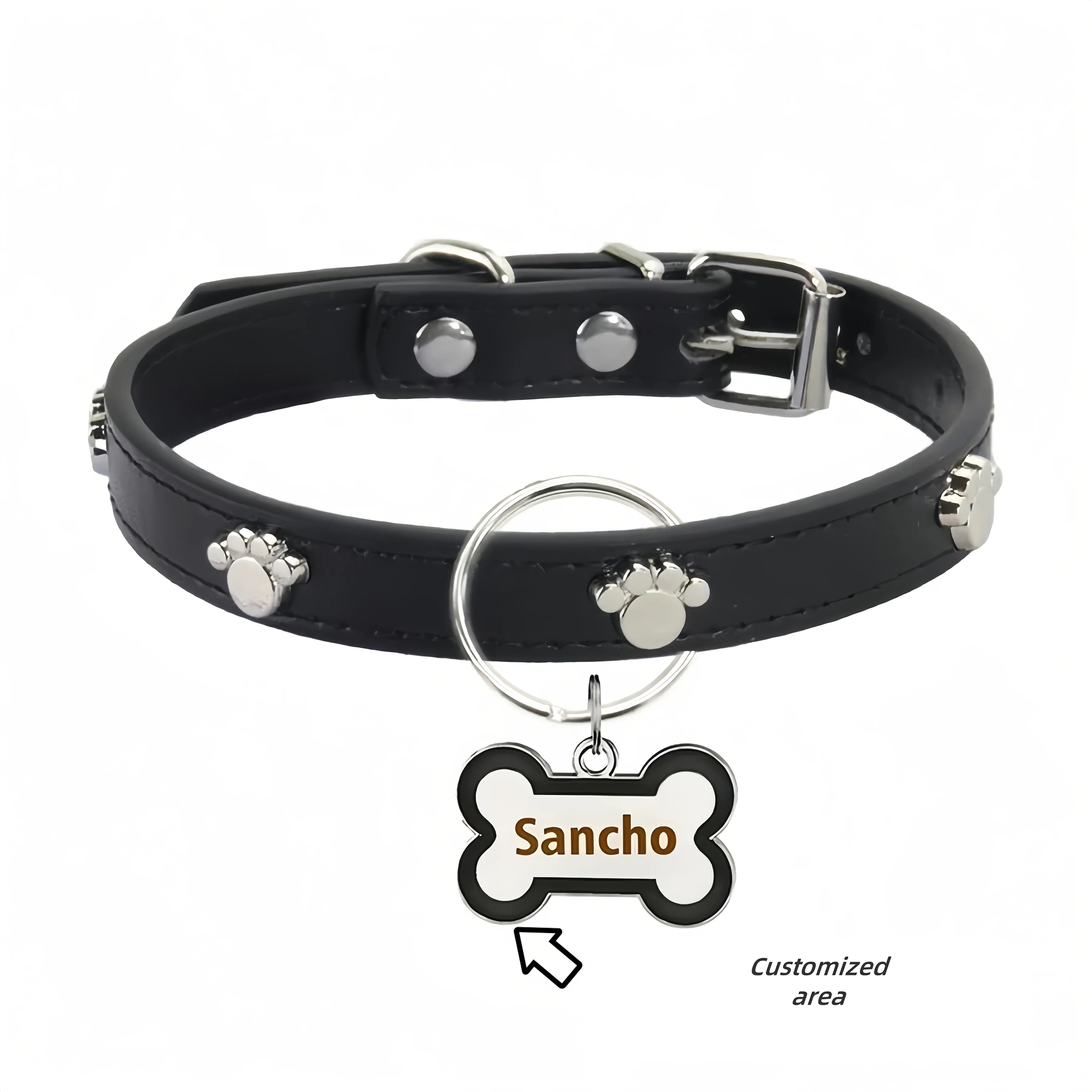 Customized Leather Dog Collar With Bone-Shaped Pet Tag, Double-Sided Engraved Pet Name And Phone, Metal Decoration Anti-Lost Foo