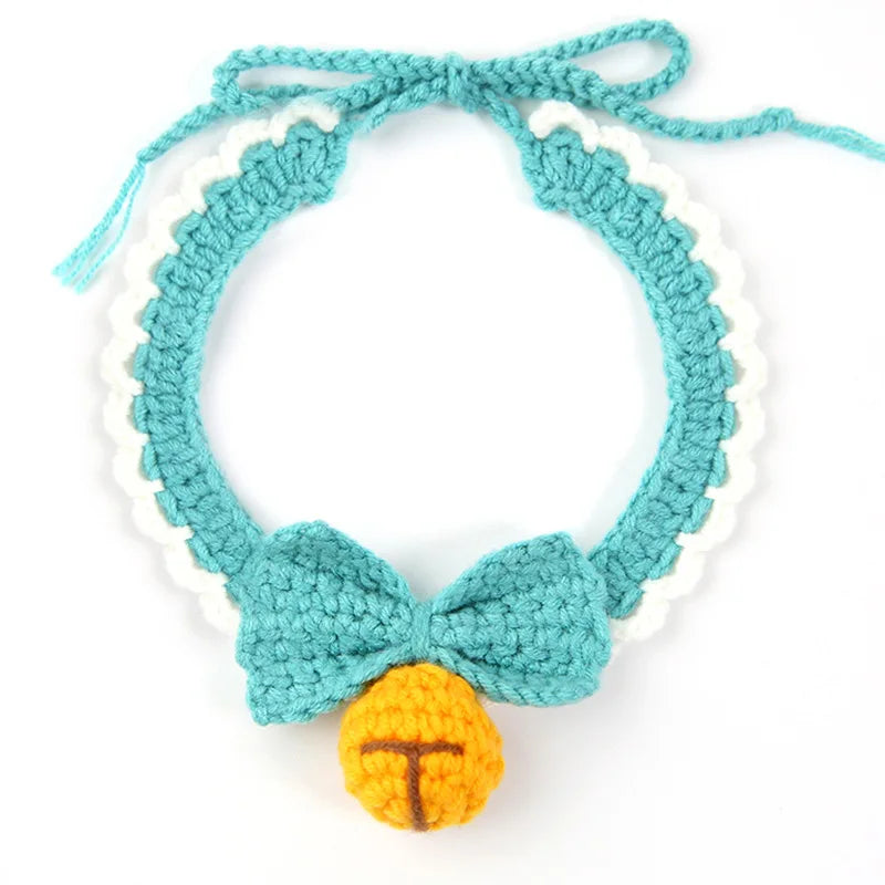 Knitting Pet Collars Cute Bow Bell Shape Knitted Scarf Handmade Dog Cat Collar Crochet Tie Adjustable Necklace Pet Accessories