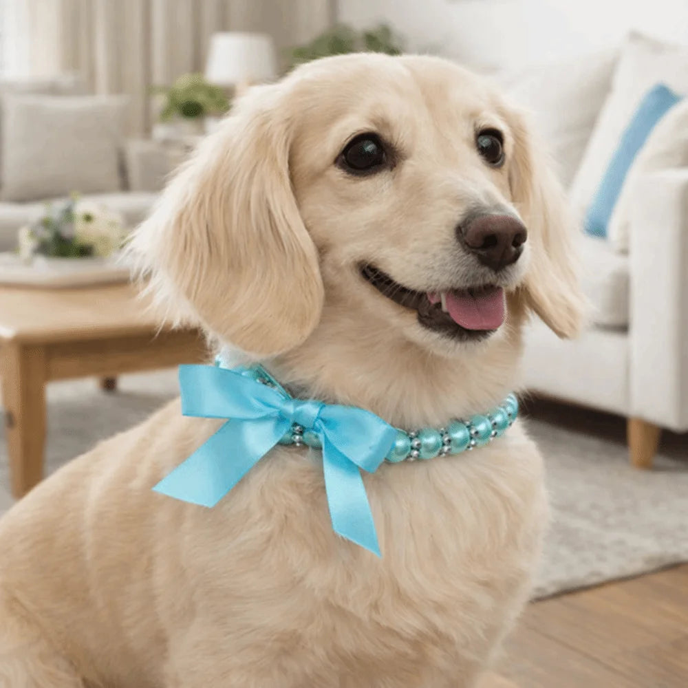 Adjustable Pet Pearl Necklace Bling Simulated Pearl Cat Bead Collar Elegant Bow Knot Ribbon Pet Simulated Pearl Collar