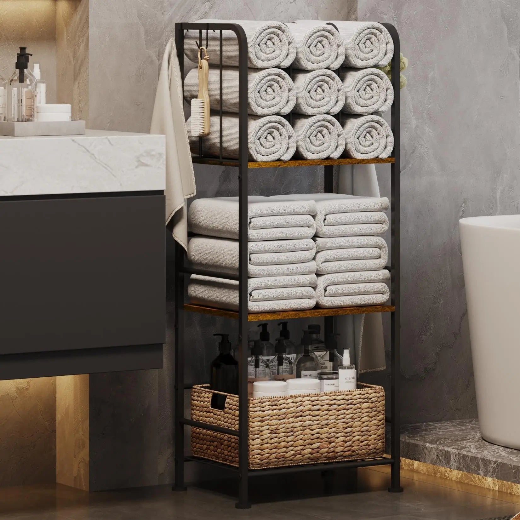 Rack For Bathroom 3-Tier M-Shaped Detachable Dividers, Durable Metal Towel Holder, Pool Items Holder, Space-Saving Storage