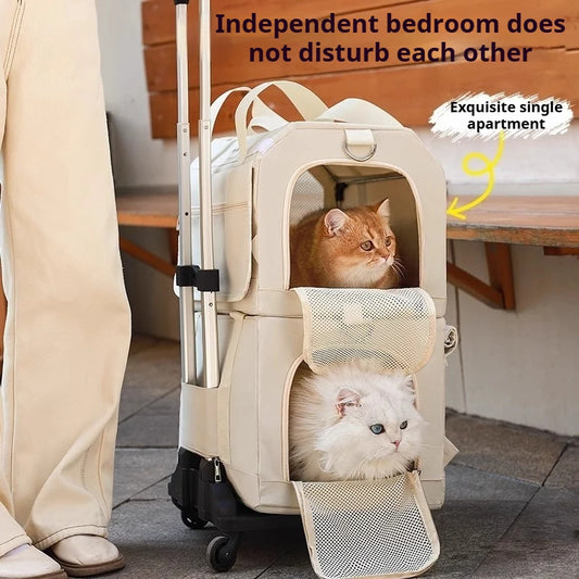 Double Layer Breathable Pet Carrier with Wheels Foldable Outdoor Travel Cat Trolley Case for Two Cats Portable Pet Trolley bag - Play Paws Toys