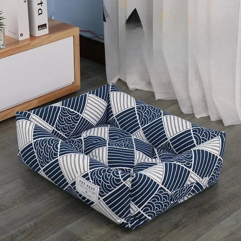 Plaid Printing Soft Removable&Washable Dog Bed Fabric Skin-Friendly Cotton&Linen Breathable Pet Sofa Square Cat Litte Dog Bed