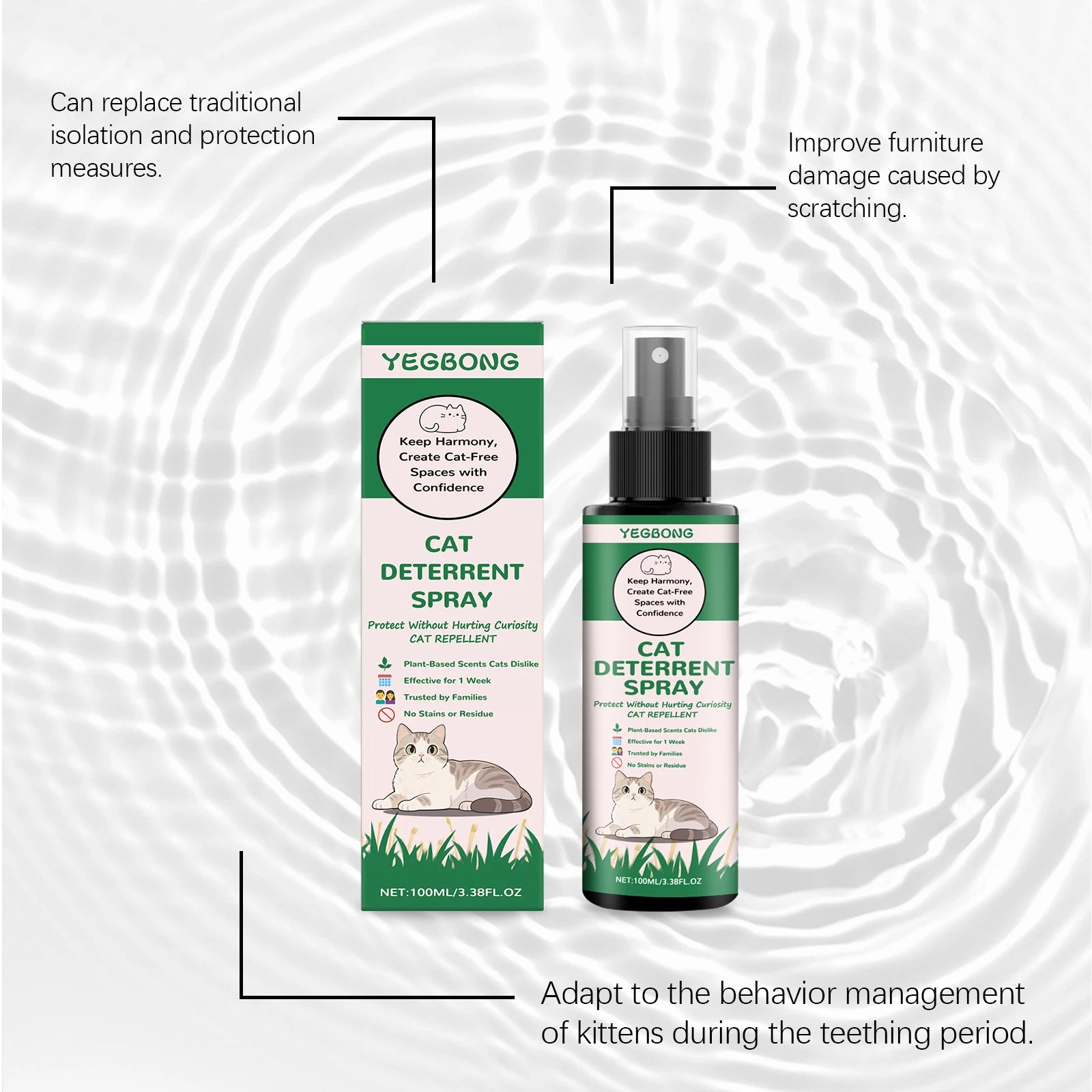 Yegbong Cat Deterrent Spray for Furniture Protection Against Scratching Couch Carpet Plants Pet Safe Training Aid for Cats 100ml