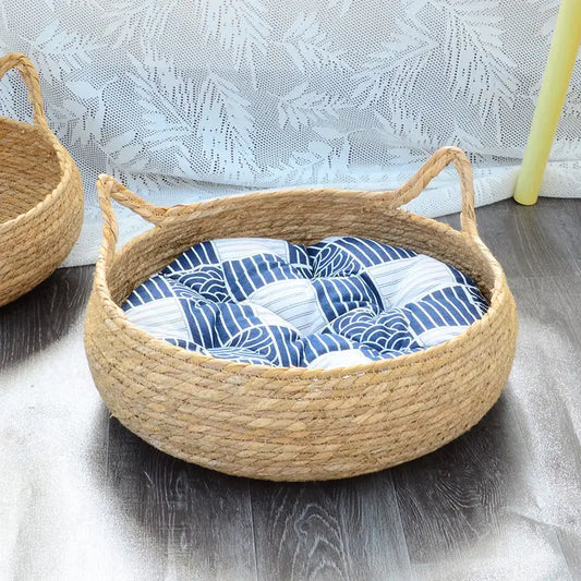 OUZEY Rattan Weaving Cat Basket Pet Cat Bed With Cushion Soft Warm Puppy Kitten Bed Donut Round Comfortable Sleeping Cat House - Play Paws Toys