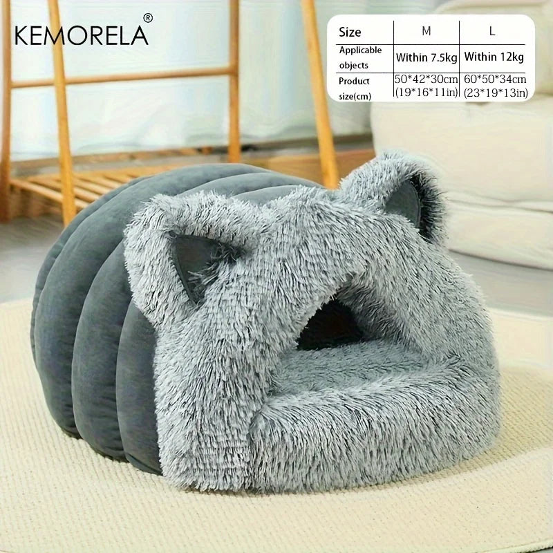 Enclosed Pet Bed Winter Warm Plush Hooded Cat Bed House with Cute Ears Indoor Nest Cave Comfort Kittens Hideaway for Small Dog - Play Paws Toys