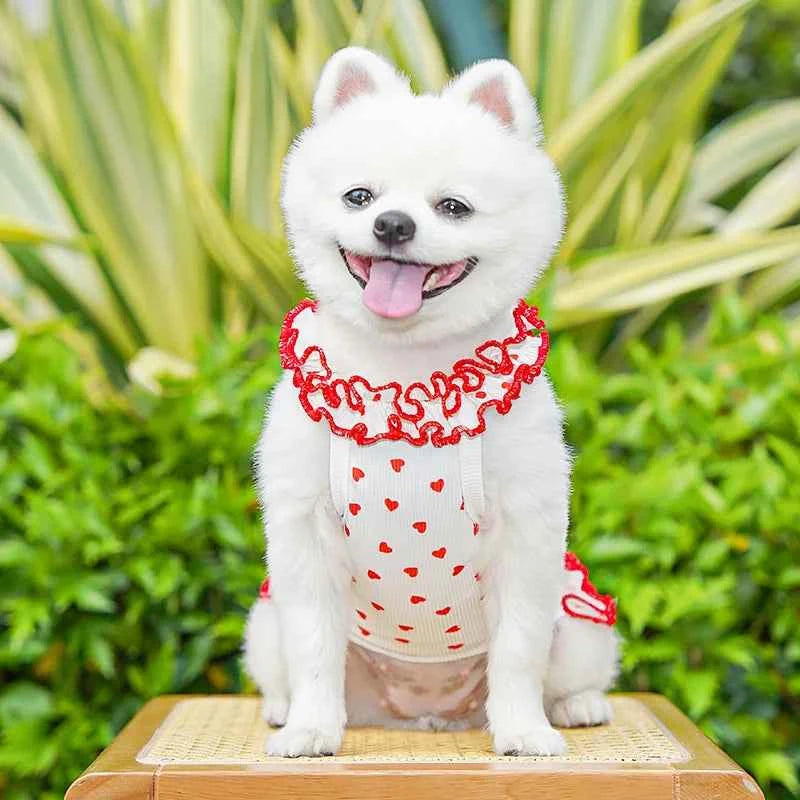 Princess Dog Dress Red Heart Floral Ruffle Skirt Sleeveless Pet Clothes Cute Puppy Cat Apparel For Summer Walking Party