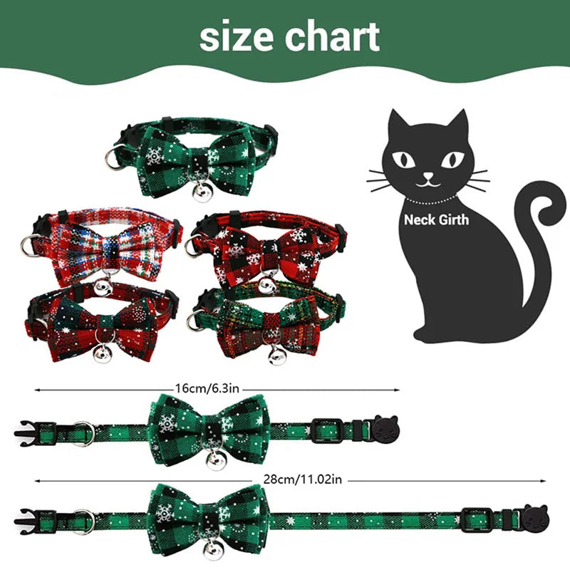 Pet Breakaway Cat Collar Bow Tie And Bell Cute Plaid Christmas Red Elastic Adjustable Dog Collar With Sash Small Bell For Cats