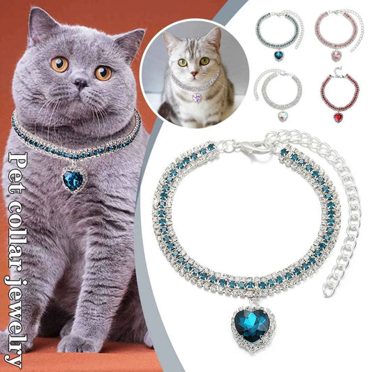 Luxury Rhinestone Dog Cat Collar Crystal Bling Pet Necklace Adjustable Heart Pendant Jewelry for Puppy Kitten Accessories