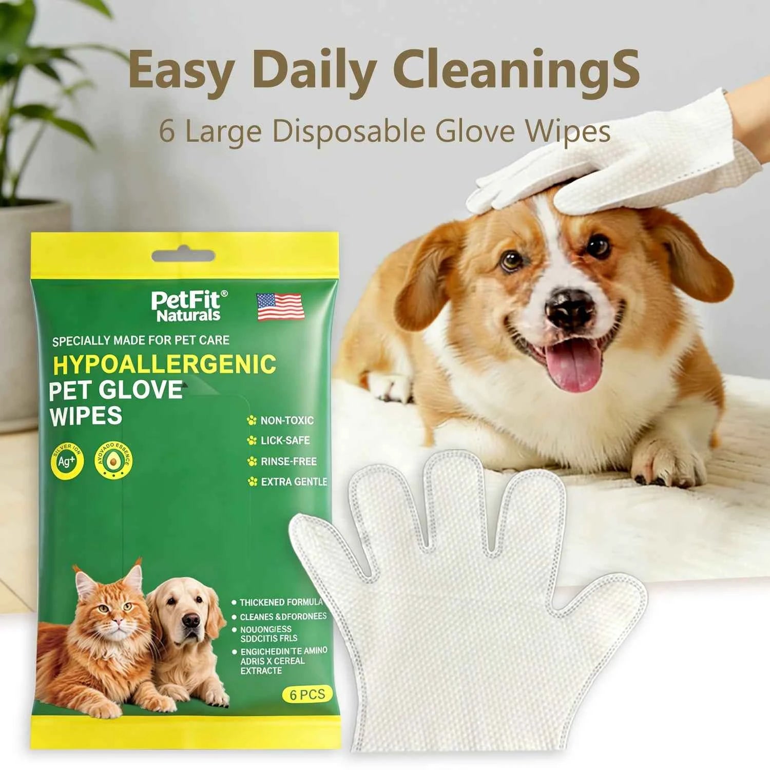 SEAMETAL 6Pcs Thicken Pet Wipes Gloves Deep Cleaning Dog & Cat Wipes Disposable Cleaning Gloves for Pet Care Cat Dog Supplies
