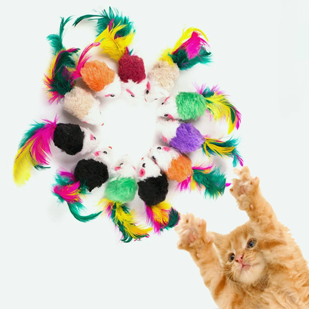 1PC Cat Interactive Cute Soft Wool Fake Mouse Colorful Feathers Fun Play Training Cat Kitten Pet Supplies