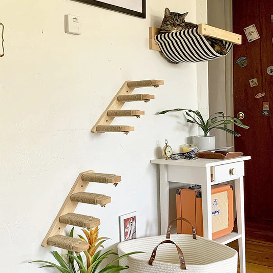 Cat Wall Climbing Shelf Steps Ladder Scratching Post Scratcher Bed Hiding House for Cats Tree Tower Pet Furniture Accessories - Play Paws Toys