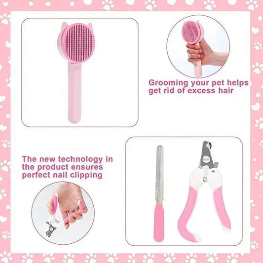 8Pcs Cat Brush Beauty Kit with Pet Nail Clippers and Files Pet Self-Cleaning Kit Flea Comb Pet Shampoo Bath Brush Pet Sheddin