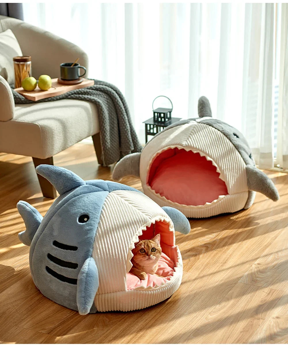 Winter Warm Pet Beds Shark Cat Mat Semi-Closed Pillow Puppy Nest Thicken Kittens Basket Cushion Pillow Mat Dogs Cats House Goods - Play Paws Toys