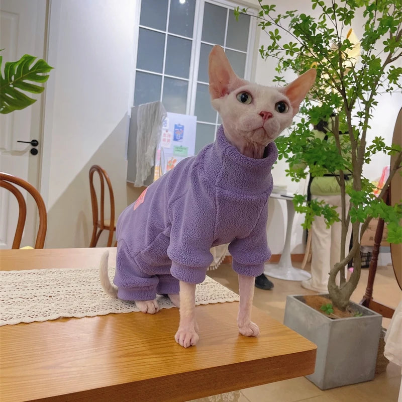 Fleece Coat for Sphynx Cat Warm Sweatshirt 4-legged Jumpsuit for Kittens Dogs soft Loungewear for Male Cat Devon Rex Sweater - Play Paws Toys