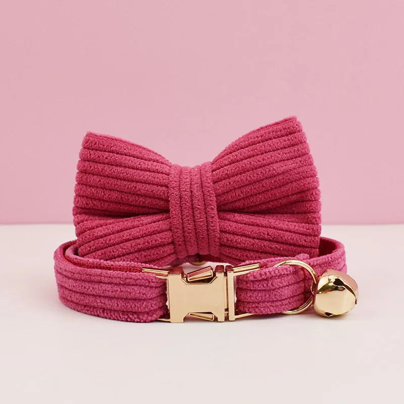 Corduroy Cat Collar with Name Plate Bell Bow Tie Personalized Custom Engraved Cat Collars for Cats