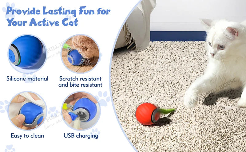 Interactive Cat Toy Balls, Automatic Toys for Cat with Replacement Tail, 2 Adjustable Modes, USB-Rechargeable Indoor Kitten Toy