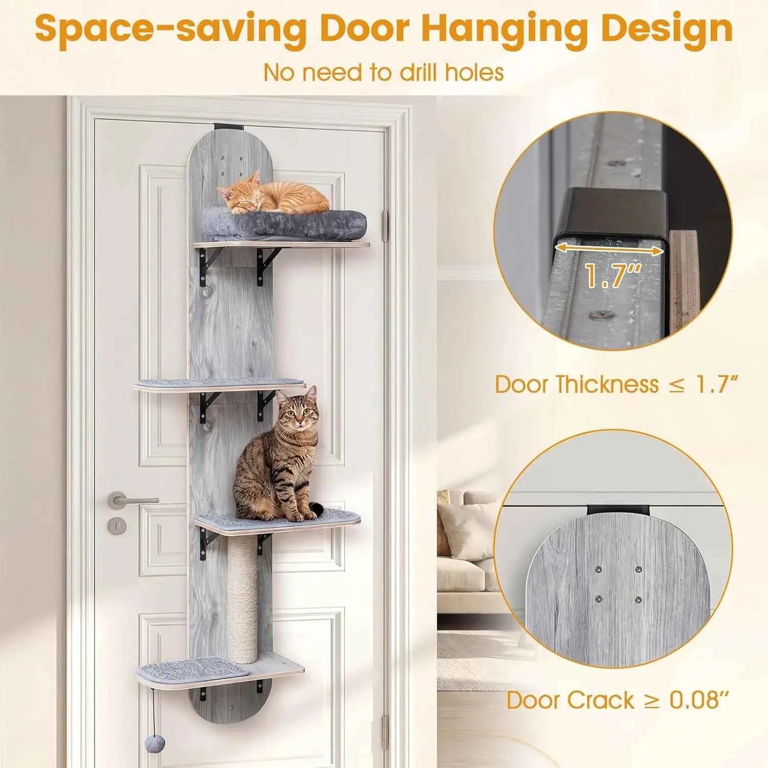 Door Mounted Cat Tree, 58.5-61.5 Inches Height Adjustable Hanging Cat Climber with Scratching Post, Detachable, Customized