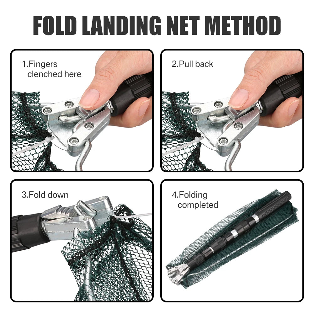 Folding Fishing Net with Aluminum Alloy Landing Net Non-Slip Gloves Storage Bag Fish Pliers Lip Gripper for Easy Catch & Release