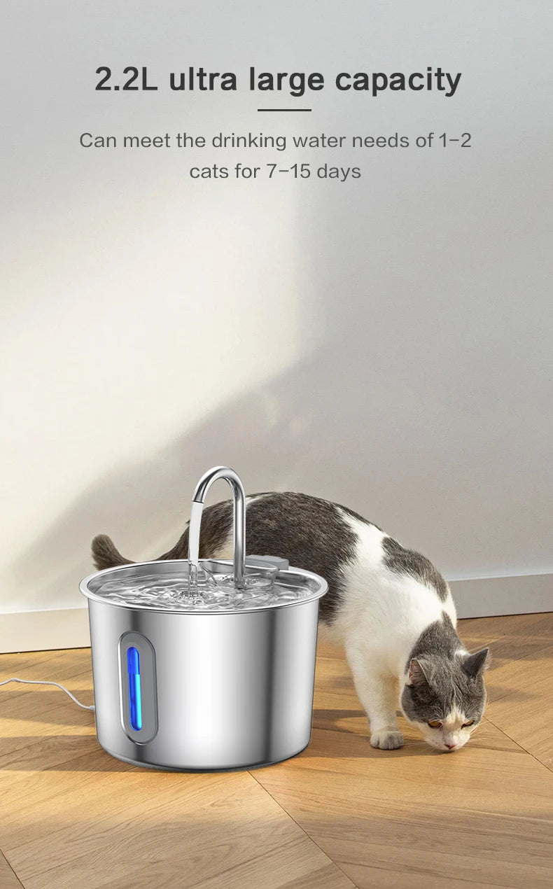 Stainless Steel Cat Water Fountain 2.2L/75oz Pet Automatic Water Dispenser for Dog Cat Drinking Pet supplies Filter System