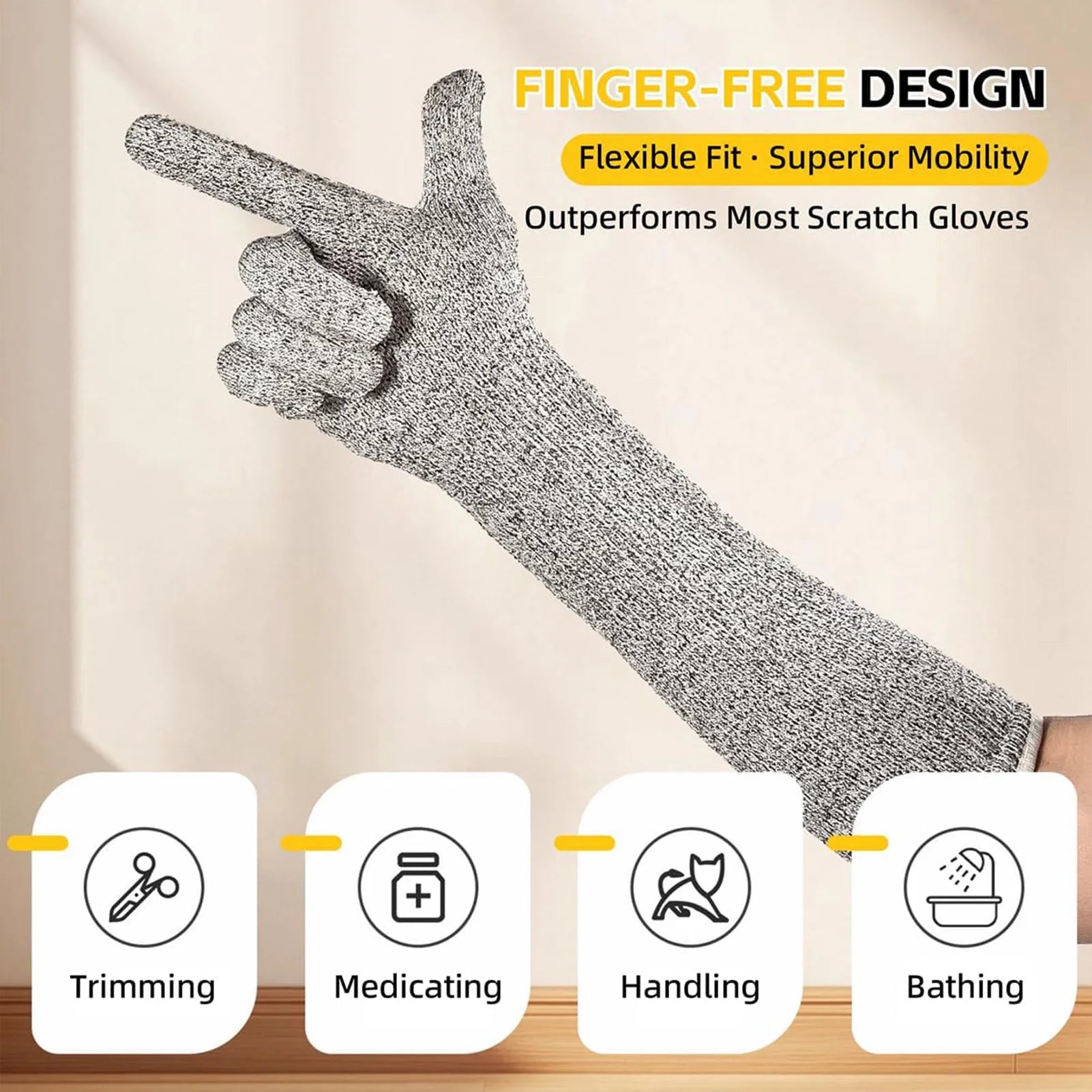 Pet Care Long Gloves 40cm Scratch Proof Arm Sleeves for Cat Dog Nail Trimming Grooming Anti Bite Grey