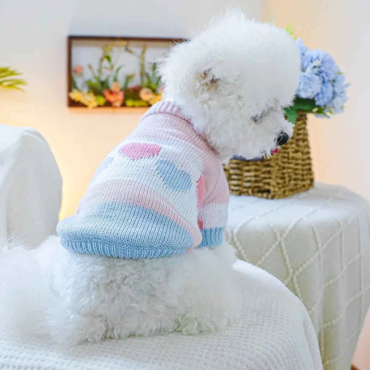 1PC Pet Clothing Spring and Autumn Dog Hoodie Elastic Blue Pink Love Jacquard Sweater Suitable for Small and Medium sized Dogs