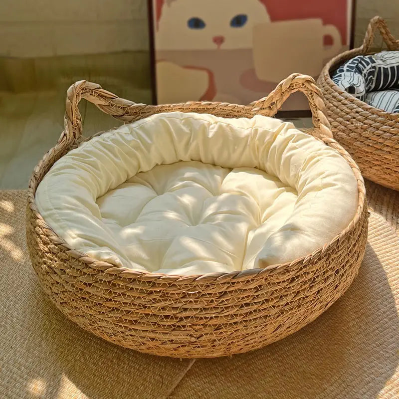 OUZEY Rattan Weaving Cat Basket Pet Cat Bed With Cushion Soft Warm Puppy Kitten Bed Donut Round Comfortable Sleeping Cat House - Play Paws Toys