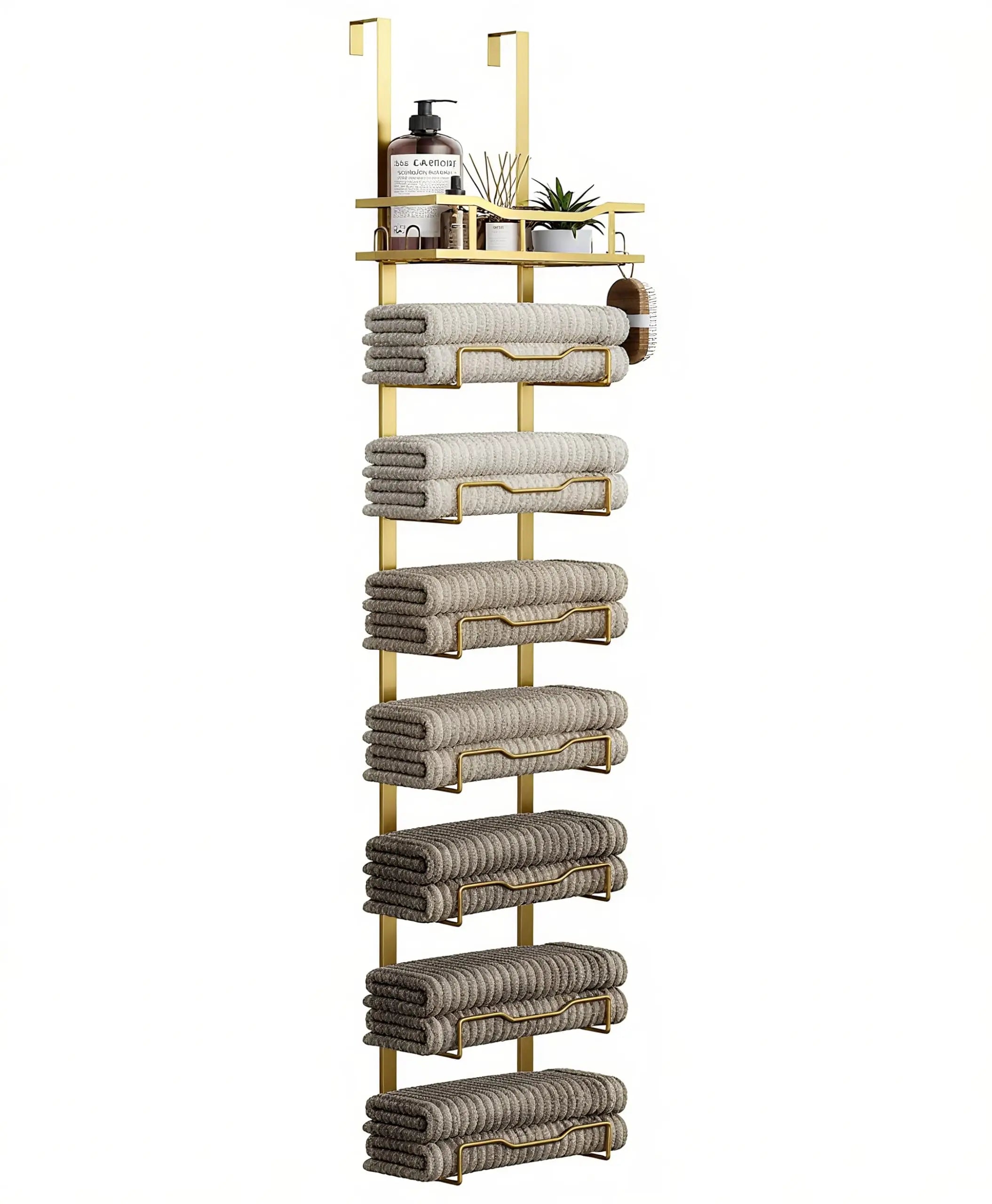 Hanging Towel Racks For Bathroom No Drill - 6-Tier Over The Door Bath Towel Storage Organizer For Small Bathrooms - Tiered Back