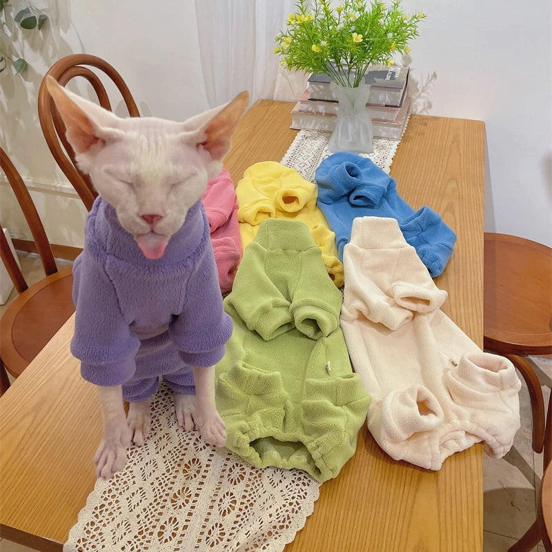 Fleece Coat for Sphynx Cat Warm Sweatshirt 4-legged Jumpsuit for Kittens Dogs soft Loungewear for Male Cat Devon Rex Sweater - Play Paws Toys