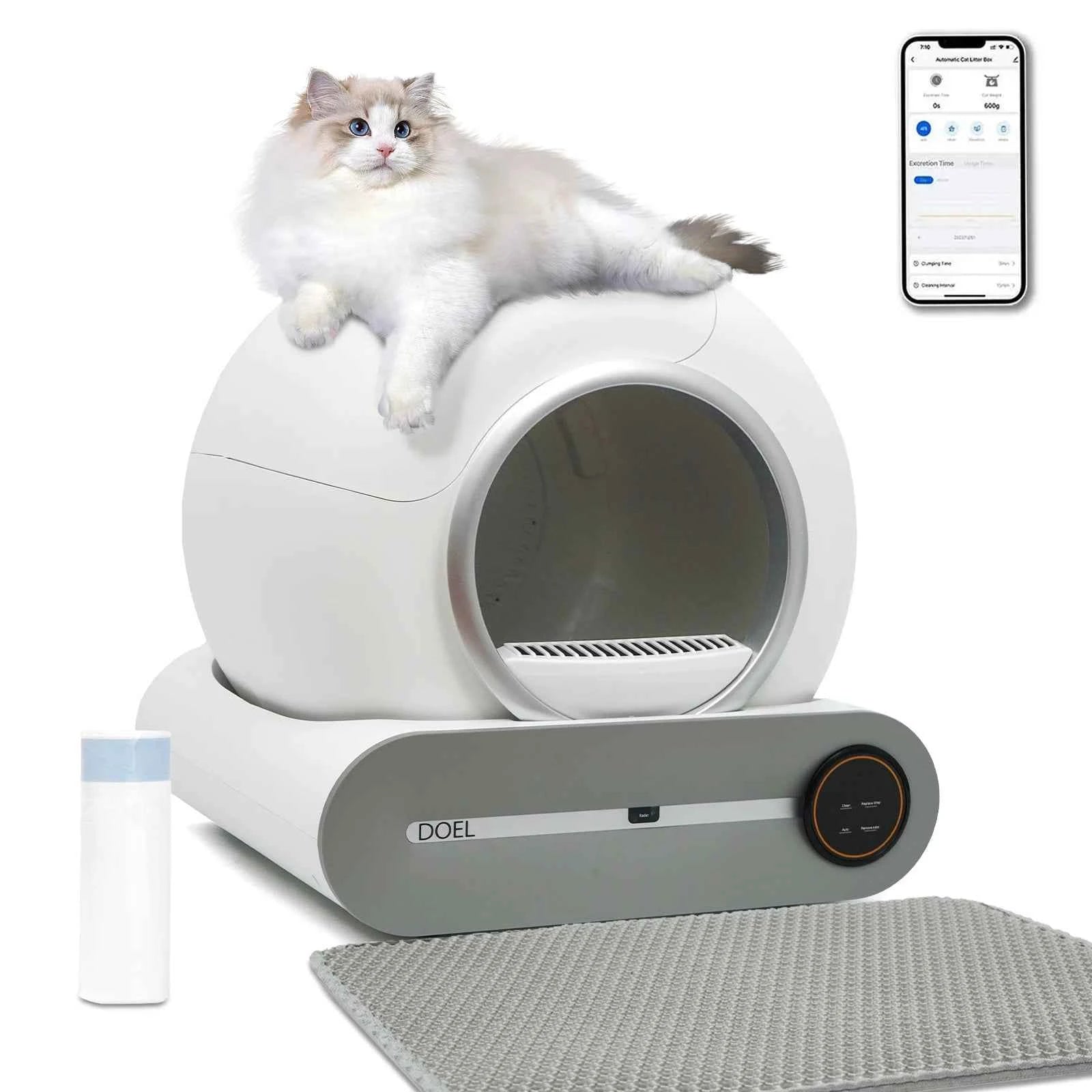 DOEL Self Cleaning Cat Litter Box 65L Automatic Cat Litter Box w/ Trash Bag & Litter Mat Smart Cat Toilet App Control 2.4G WiFi