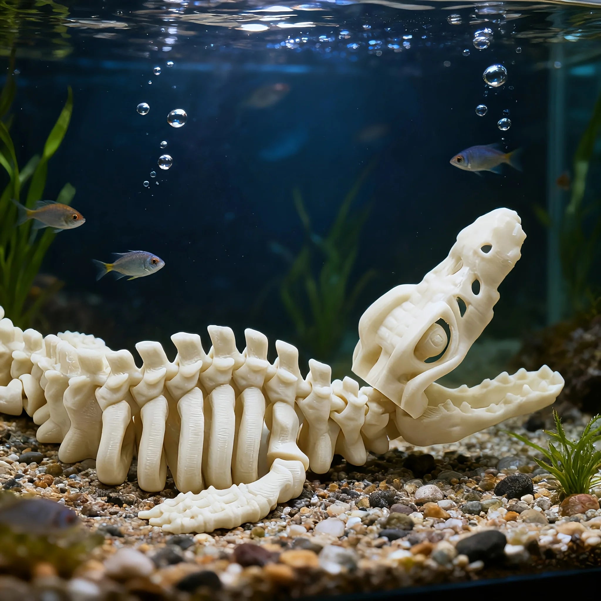 Realistic Mosasaurus Skeleton Aquarium Ornament, White Fins & Tail, Paleontology Gift for Collectors & Aquarium Enthusiasts