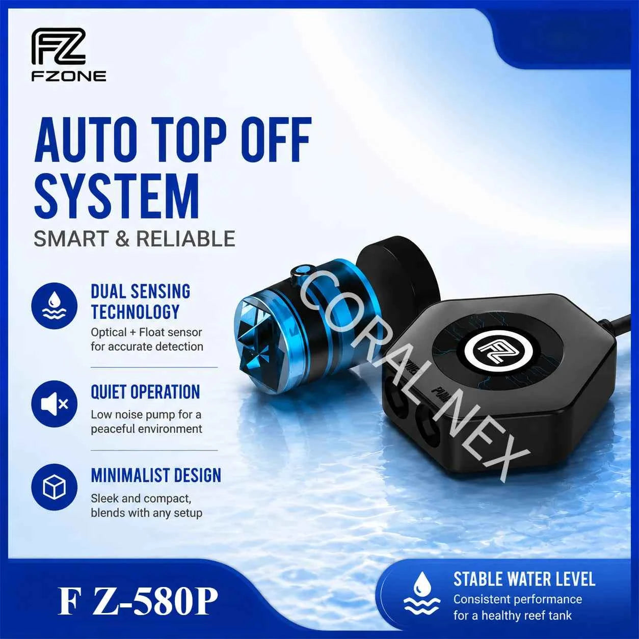 Fzone ATO 580P Auto Top Off Water Level Controller Pump with QST Sensor for Marine Reef Saltwater Aquarium
