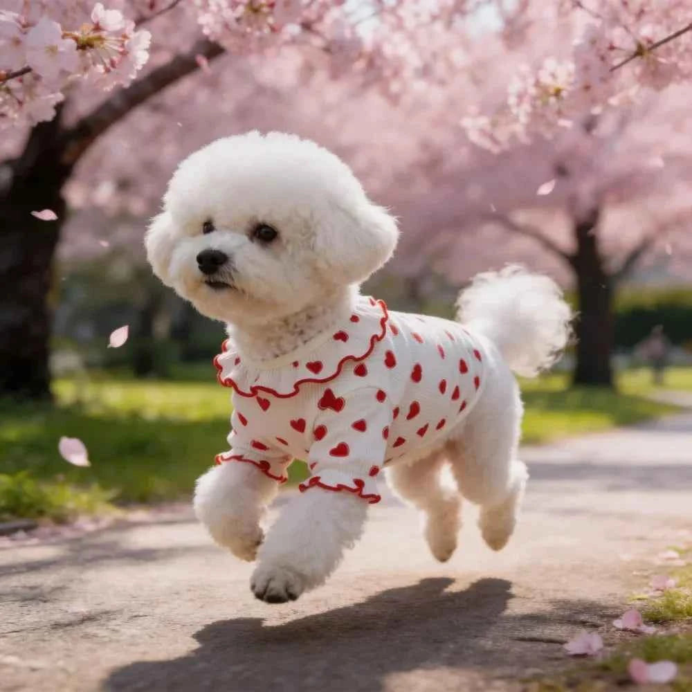 Ruffle Trim Heart Print Dog Clothes for Small Dogs, Soft Summer Puppy Shirt for Teddy Bichon, Cute Pet for Daily Walking Party