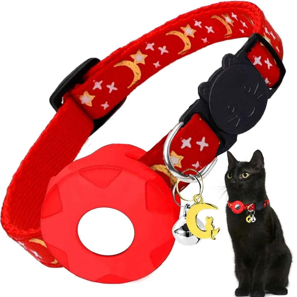 Apple Tag Pet Collar with AirTag Holder & Moon Ornament for Kitten Collar Girl Boy Cats, Small Dog Collar Kitten Accessories