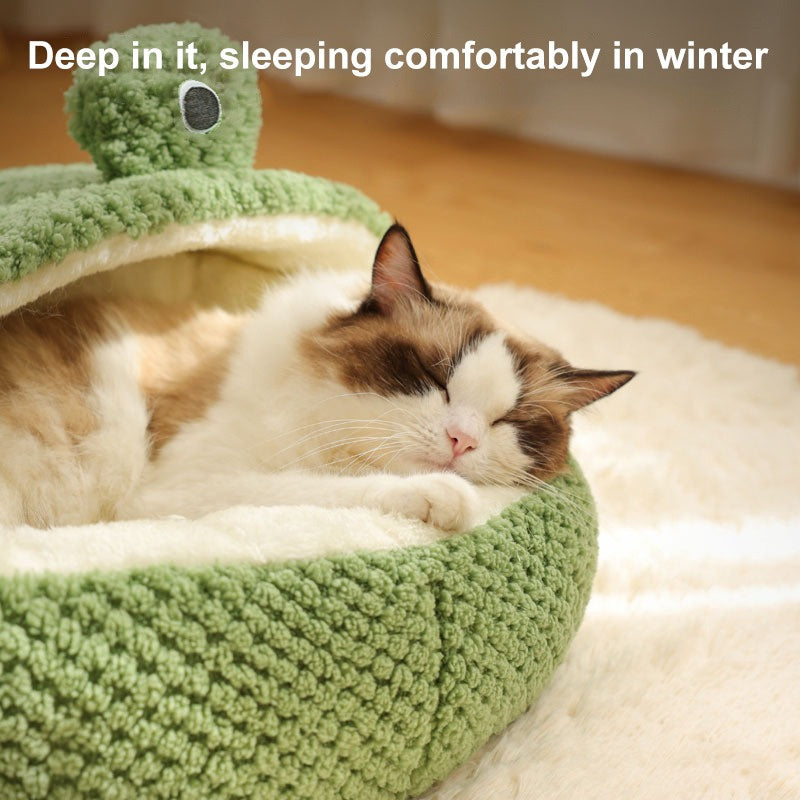 New Pet Nest Winter Warm Dog Den Cat Villa Plush Pets Mattress Small Frog Shape Semi Enclosed Kitten Puppy House Pet Supplies - Play Paws Toys
