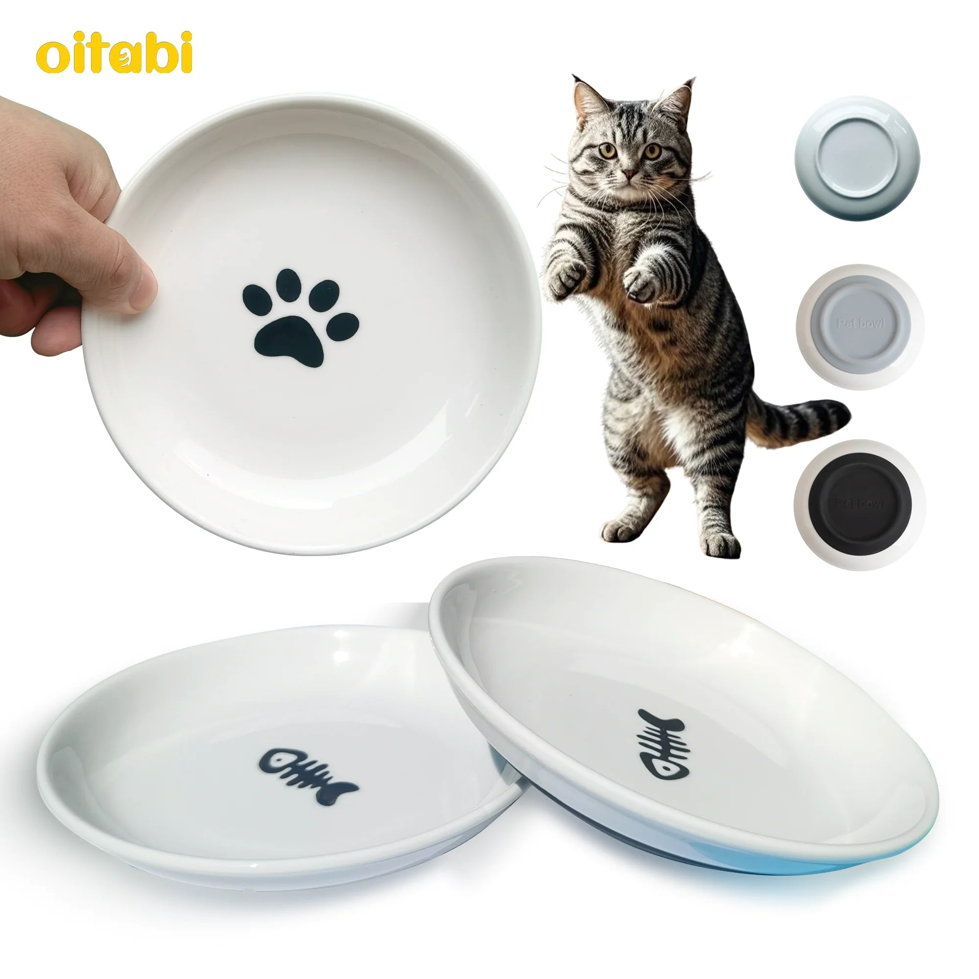 Oitabi 3PCS No Spill Cat Bowls Sets, Cat Food Bowl, Anti Whisker Fatigue Ceramic Cat Dishes Set, Shallow Wide Kitten Plates - Play Paws Toys