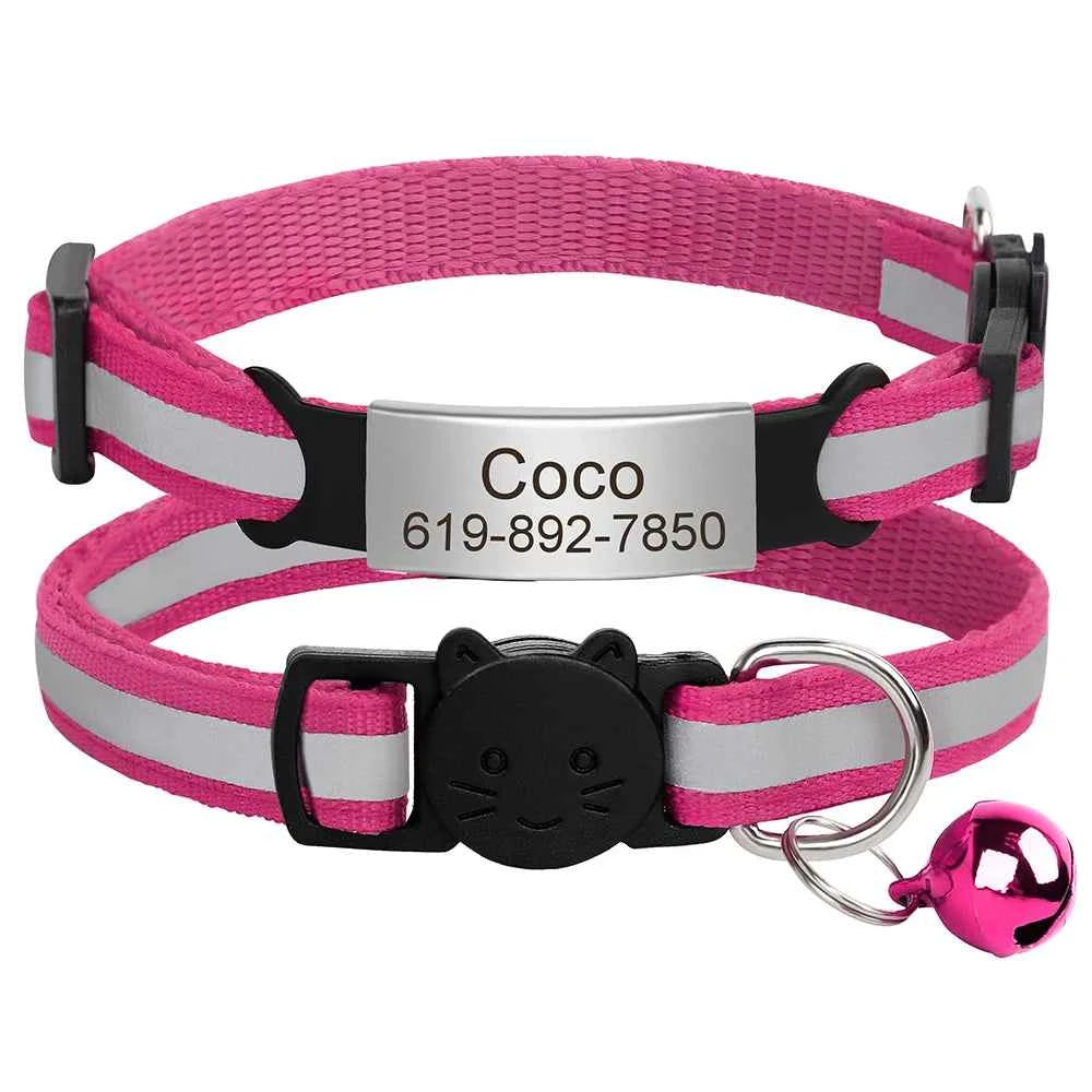 Customized Cat Collar Reflective Cat Collar Free Engraved Puppy Kitten Pet ID Nameplate Necklace With Bell Anti-lost For Cats