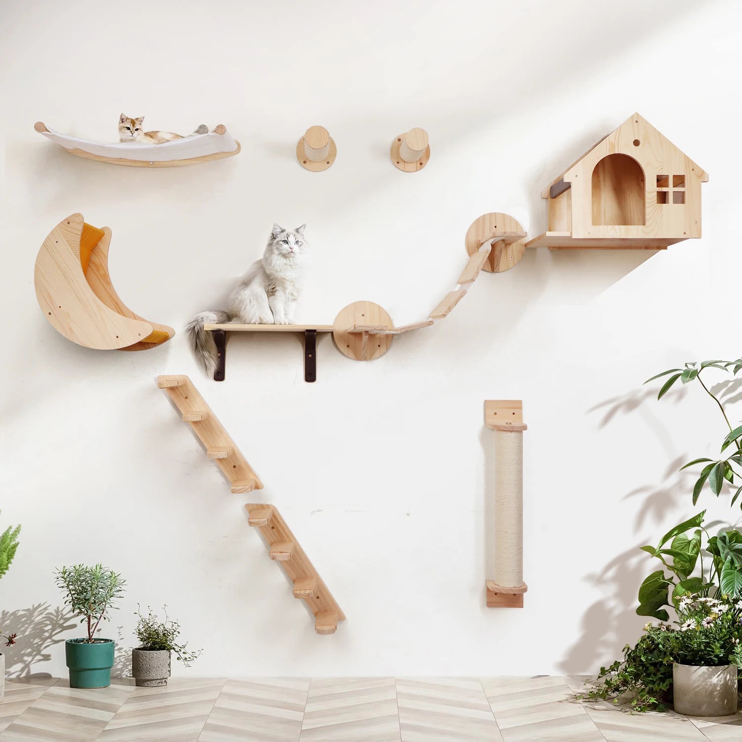Cat Wall Climbing Shelf Steps Ladder Scratching Post Scratcher Bed Hiding House for Cats Tree Tower Pet Furniture Accessories - Play Paws Toys