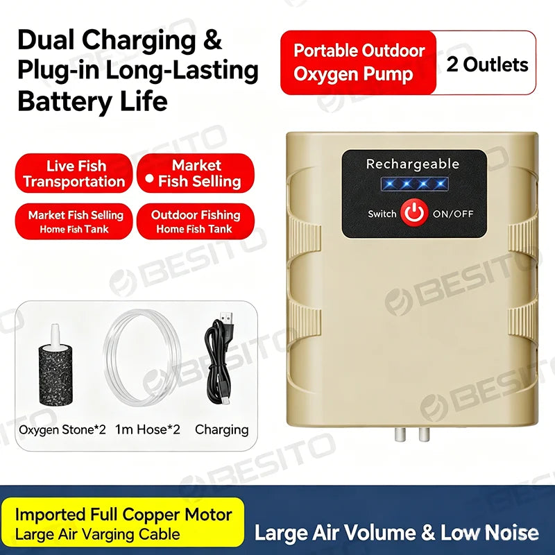 Portable Ultra-Silent Power Bank Fish Tank Oxygen Pump for Outdoor Fishing with Automatic Restart on Power Outage